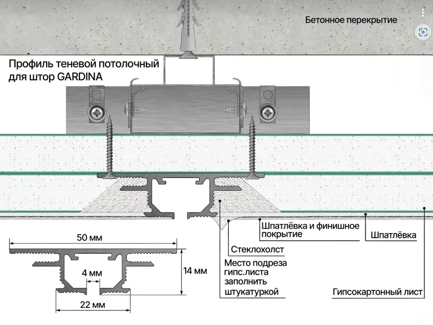 Теневой потолочный профиль для штор Гардина