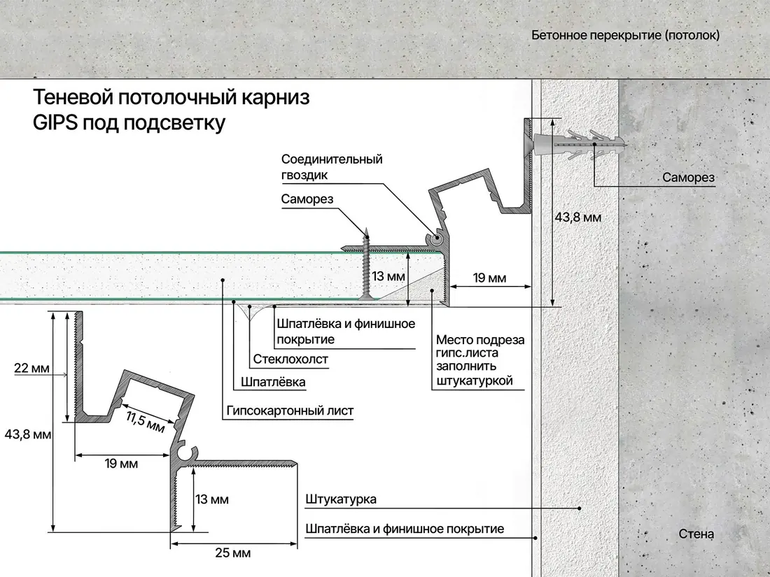 Теневой потолочный карниз Гипс под подсветку