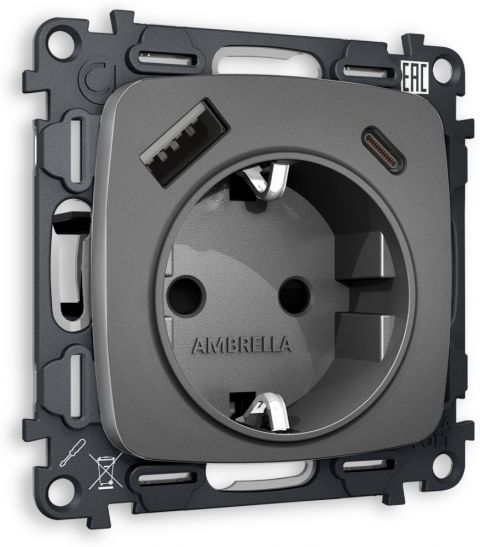 Комплект механизма встраиваемый электрической розетки 2USB A+C 20W быстрая зарядка с заземлением и шторками 2P+E 16A-250V