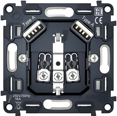 Механизм встраиваемый электрической розетки 2USB A+A 18W быстрая зарядка с заземлением на винтовых зажимах 16A 250V