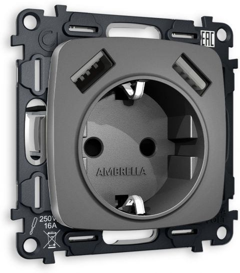Комплект механизма встраиваемый электрической розетки 2USB A+A 18W быстрая зарядка с заземлением и шторками 2P+E 16A-250V