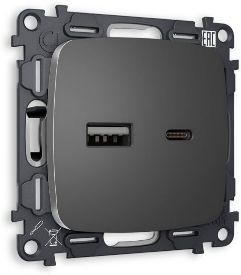 Комплект механизма встраиваемый розетки 2USB A+C 20W быстрая зарядка