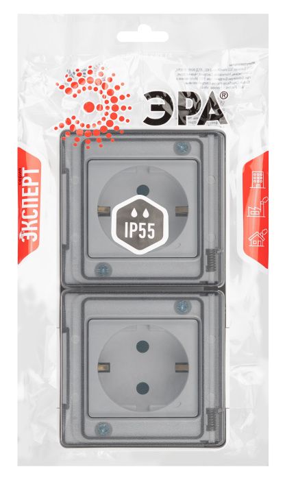 Розетка накладная двойная с заземлением, шторками и крышкой IP55