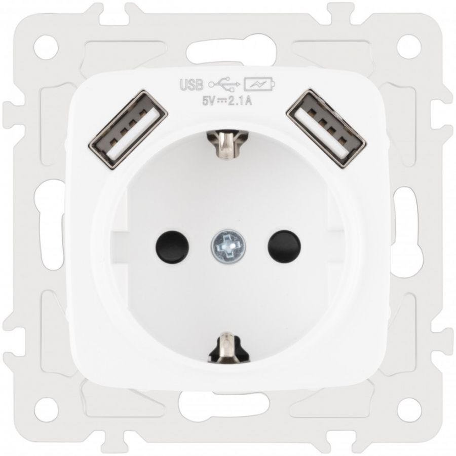 Розетка встраиваемая с заземлением, шторками и USBх2 DC 5V 2.1A